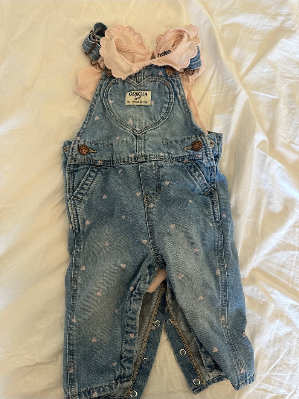 OshKosh B'gosh Heart Print Denim Overalls - Light Blue with Pink 9 months